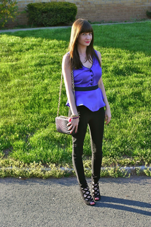Satin Peplum Top - Urban Outfitters, Chihuahua Necklace - Bust Craftacular, Black Skinny Pants - H&M, Gina Wedge - Shoemint